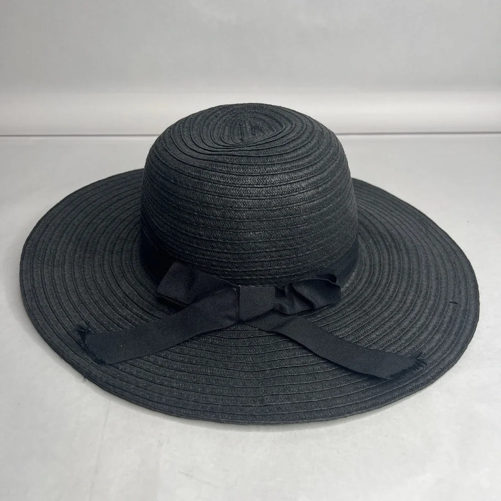 Floppy Hat Brim with Ribbon Women Folding Summer Beach Sun Straw Beach Hat Black - Picture 1 of 4